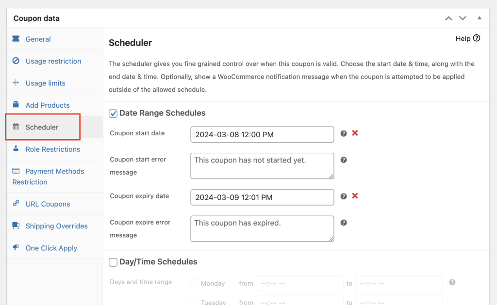 Advanced Coupons' scheduler feature